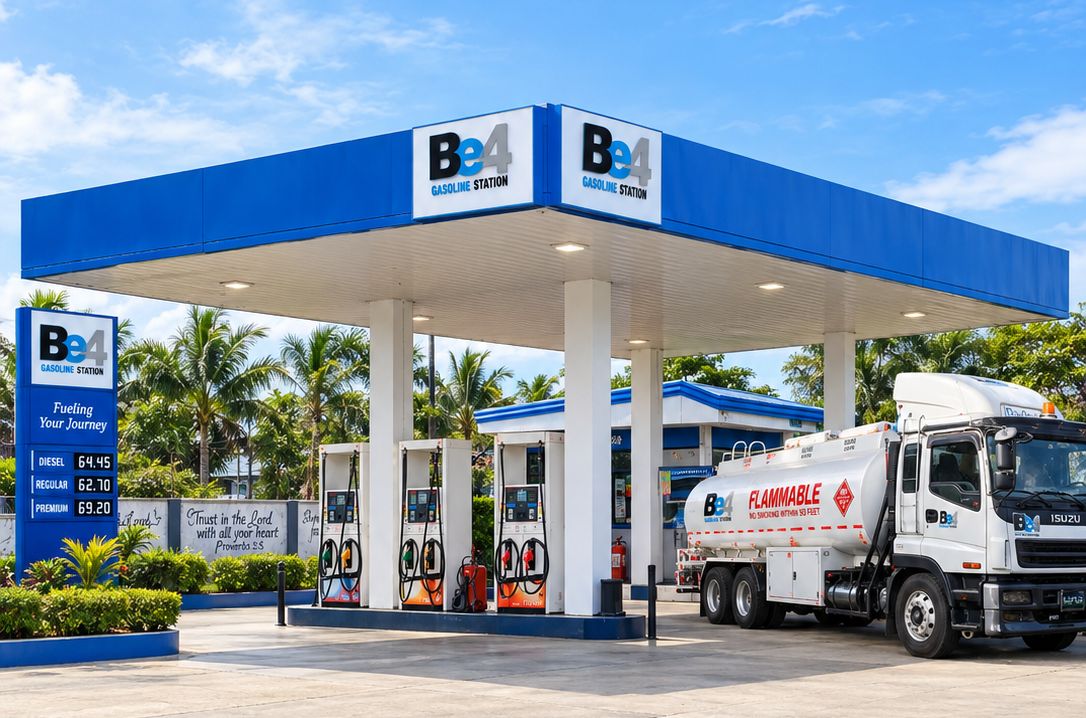 Be4 Gasoline Station forecourt with a Be4 fuel tanker